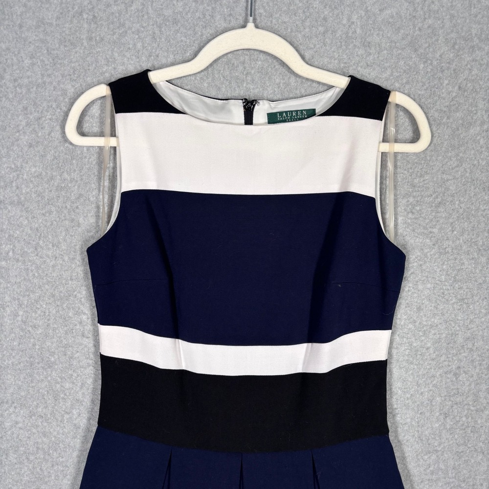 LRL Ralph‎ Lauren Pleated Dress 4 Navy White Black Striped Preppy Nautical - Picture 2 of 13